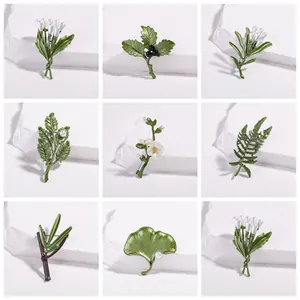 Elegant Forest Style Green Plant Leaf Flower Brooch Alloy Enamel Imitation Artificial Pearl Chest Pin For Women Apparel Accessories