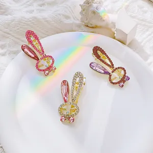 Cute Rabbit Shape Alloy Hair Clip With Rhinestone Crystal Inlaid Duckbill Clip Sweet Animal Side Bangs Clip For Women