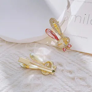 Charming rabbit ear hair clips with crystals and pink rhinestone on gold alloy base