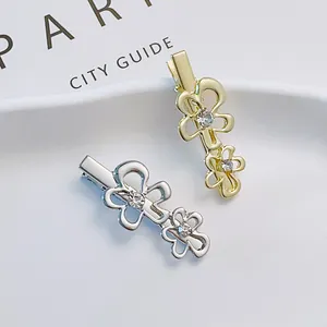 Elegant Alloy Rhinestone Flower Hair Clip For Women Simple Metal Duckbill Clip Gold Silver Floral Side Hairpins Jewelry
