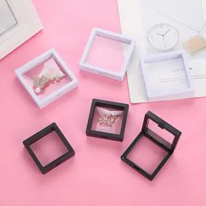 Square PE film floating jewelry display boxes in black and white for rings and pins