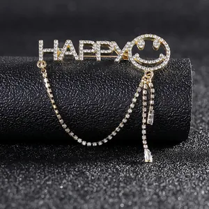 Trendy Gold Alloy HAPPY Letter Brooch With Smile Face Rhinestone Tassel Pin For Women Fashion Decorative Jewelry Gift