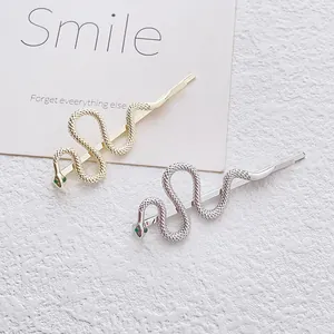 Vintage Snake Shaped Alloy Hair Clip With Green Rhinestone Eyes Gold Silver Metal Side Bobby Pin For Women Fashion Jewelry