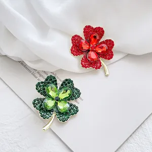 Elegant Four Leaf Clover Brooch For Women Gold Plated Alloy Sparkling Rhinestone Pin For Suit Cardigan Fashion Jewelry Gift