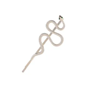 Elegant silver snake hair clip with green gem eyes and textured scales on white background