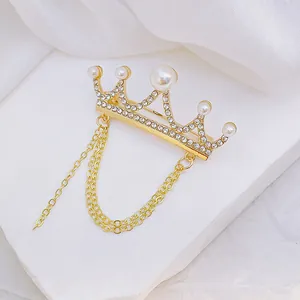 Elegant Alloy Crown Brooch With Tassel Chain Rhinestone Artificial Pearl Pin For Women Wedding Banquet Party Decoration Jewelry Gift