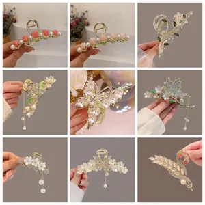 Elegant Tulip Butterfly Hair Claw Clip For Women Alloy Rhinestone Artificial Pearl Flower Tassel Hairpin Vintage Fairy Style Headpiece Hair Accessories