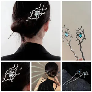Bastoncino per Capelli a Forma di Ragno in Metallo Liquido Gotico per Donna Forcina in Lega e Pietra di Luna Sintetica Accessori Moda