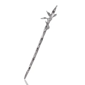 Silver alloy bamboo style hair stick with realistic leaves and nodes on white background