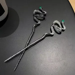Vintage Snake Hair Stick Alloy Rhinestone Green Eye Hair Pin Long Bun Hairfork For Women Personality Simple Hair Accessories