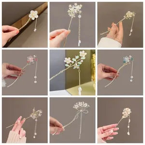 Pic à Cheveux Vintage en Alliage Fleur Long Gland Style Chinois Fausse Künstliche Perle Épingle à Cheveux Or Aspect Coquillage Accessoires Hanfu