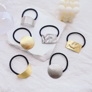 Minimalistische Metalen Haarelastiekjes Voor Dames Geometrische Legering Geborsteld Goud Zilver Vierkant Rond Haaraccessoires