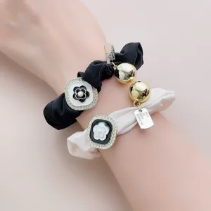 French Elegant Camellia Flower Scrunchie Satin Hair Tie With Rhinestone Artificial Pearl Alloy Charm For Women Vintage Hair Accessories