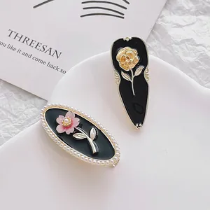 Vintage Rose Flower Hair Clips For Women Alloy Enamel Duckbill Clip Delicate Artificial Pearl Rhinestone Hairpin Korean Style Jewelry
