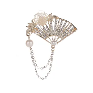Elegant folding fan brooch with white rose, sparkling rhinestones and pearl tassels