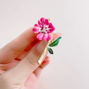 Pink Enamel Flower Brooch With White Rhinestone Gold Plated Zinc Alloy Bamboo Stem Floral Breastpin For Women Wedding Party