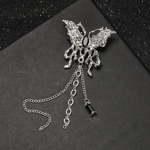 Vintage Liquid Metal Butterfly Tassel Brooch Pin Zinc Alloy Rhinestone Black Stone For Women Y2K Trendy Jewelry Accessory