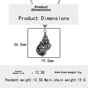Collier avec pendentif conque vintage en acier inoxydable avec dimensions et détails de poids