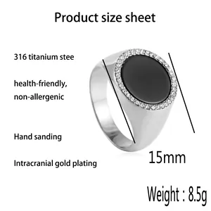 Men's titanium steel signet ring with black circular stone and zircon inlay