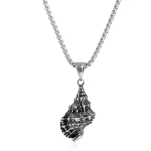 Pendentif coquillage punk en acier inoxydable vintage avec collier chaîne maille