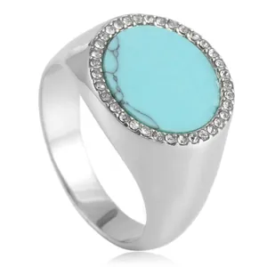 Vintage steel ring with oval turquoise stone and sparkling zircon halo for men