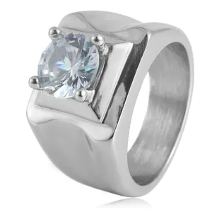Anillo punk vintage de acero de titanio para mujer con piedra blanca redonda grande