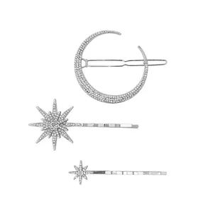 Three-piece silver star and moon hair clip set with sparkling rhinestones for women