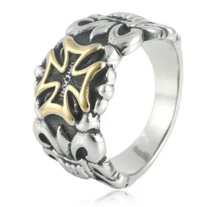 Anillo de Banda de Acero Inoxidable Cruz de Malta Vintage para Hombre Mujer Joyería Punk Gótica Biker Oxidado Bicolor