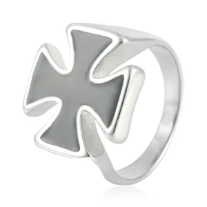 Retro punk titanium steel ring with a black iron cross design on a thick silver band