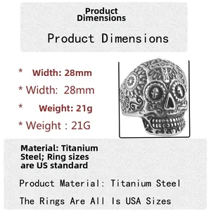 Makro-Detail des 28mm Edelstahl-Totenkopfrings mit Kreuzgravur und Größenangaben