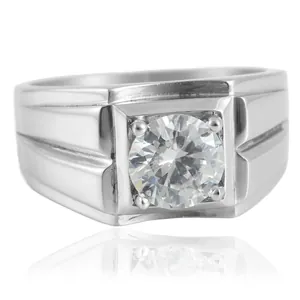 Bague classique en acier inoxydable avec une grande pierre précieuse ronde sertie de quatre griffes