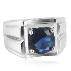 Bague vintage pour homme en acier titane avec pierre bleue et anneau argenté rainuré