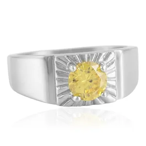 Anillo retro de acero de titanio con piedra amarilla redonda y textura de sol