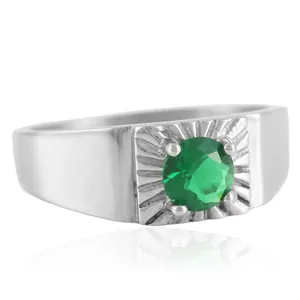 Anillo vintage de acero inoxidable con gema verde redonda y engaste de sol cuadrado