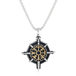 Collar colgante brújula vikinga Vegvisir para hombre en acero dorado y plateado