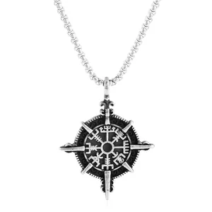 Colgante brújula vikinga Vegvisir de acero inoxidable vintage con cadena punk