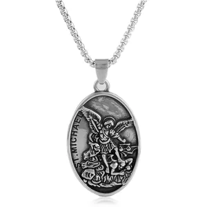 Punk style Saint Michael oval pendant necklace in vintage silver stainless steel
