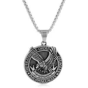 Punk style stainless steel eagle medallion pendant necklace with a fine box chain