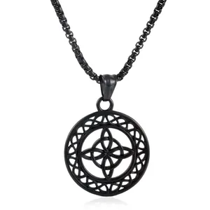 Black stainless steel Celtic knot pendant necklace with vintage hollow round design