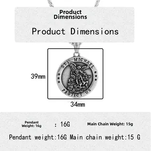 St. Michael stainless steel pendant necklace with round medallion and vintage finish