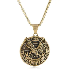 Retro Stainless Steel Eagle Pendant Necklace For Men Philippine Eagles Fraternal Order Relief Round Medallion Punk Jewelry Gift