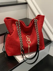 Rote Pailletten-Tragetasche mit goldener Kette und Fransenanhänger für Damen
