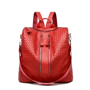 Red woven texture fashion backpack for women featuring dual silver front zippers
