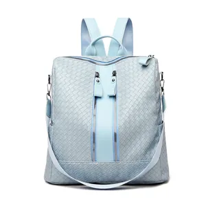 Light blue woven PU leather backpack for women with parallel zippers and versatile straps