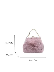 Roze pluche crossbodytas met parelhandvat en metalen frame, maat 18x15,5x7 cm