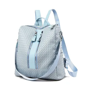 Detail showing light blue woven texture and vertical metal zippers on the fashion backpack
