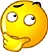 Detail of thinking face emoji icon with yellow round design and hand on chin gesture