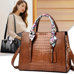 Women Elegant Top Handle Handbag Vintage Crocodile Pattern Embossed PU Leather Bag With Satin Scarf Large Capacity Tote