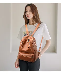 Detailed view of deep brown vintage PU leather backpack with multiple zipper pockets