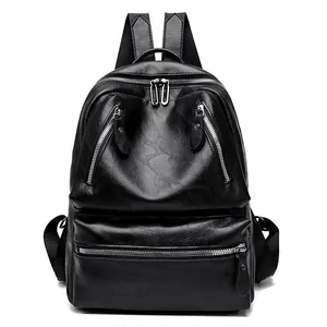 Retro black PU leather fashion backpack for women with multi-zipper pockets and top handle